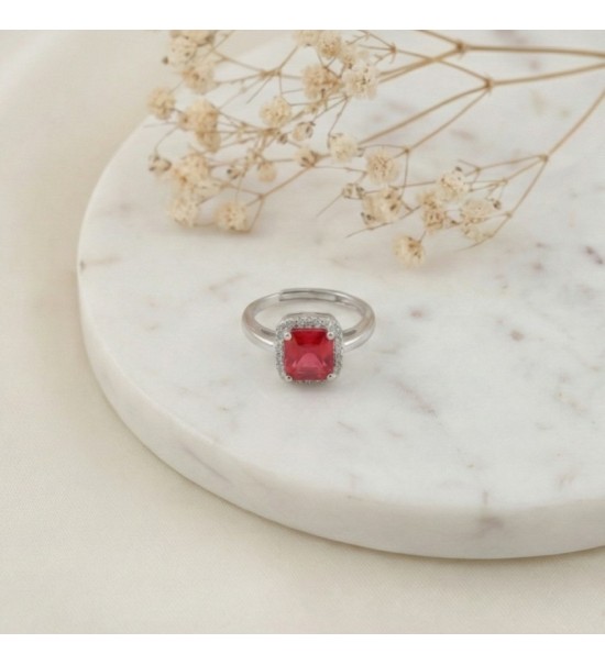 Silver Ruby Halo Ring – Cushion-Cut Red Stone with CZ Halo