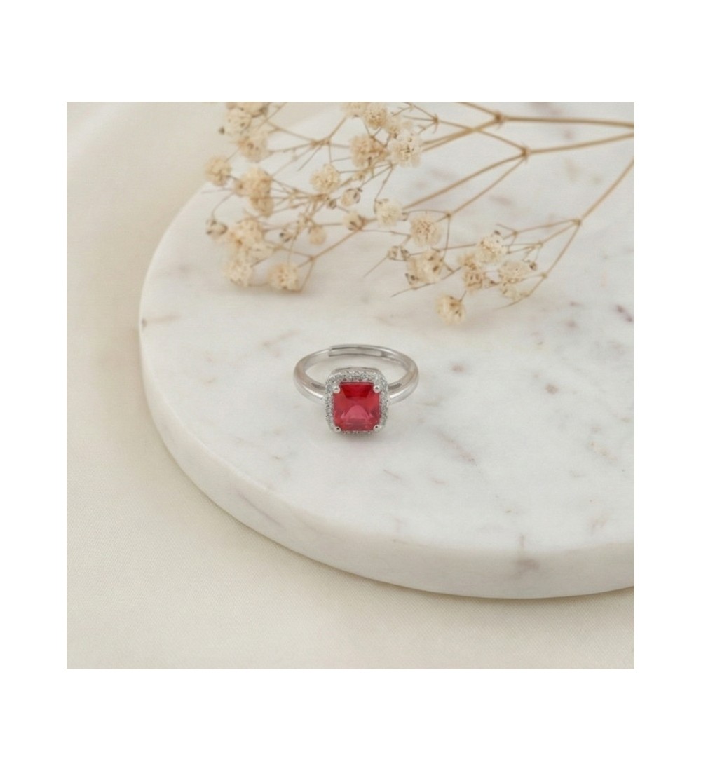 Silver Ruby Halo Ring – Cushion-Cut Red Stone with CZ Halo