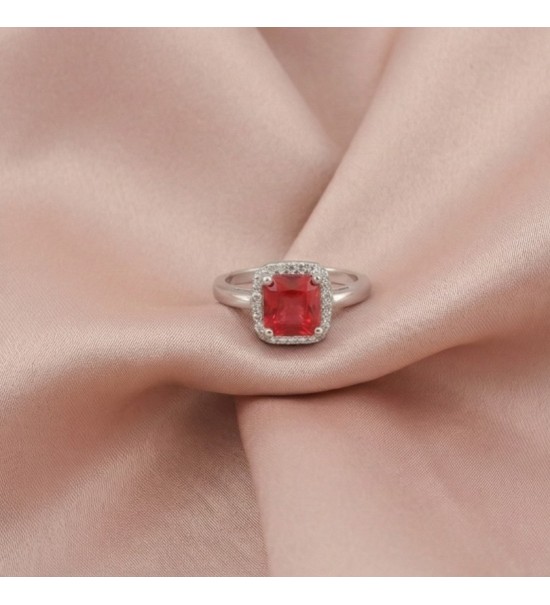 Silver Ruby Halo Ring – Cushion-Cut Red Stone with CZ Halo