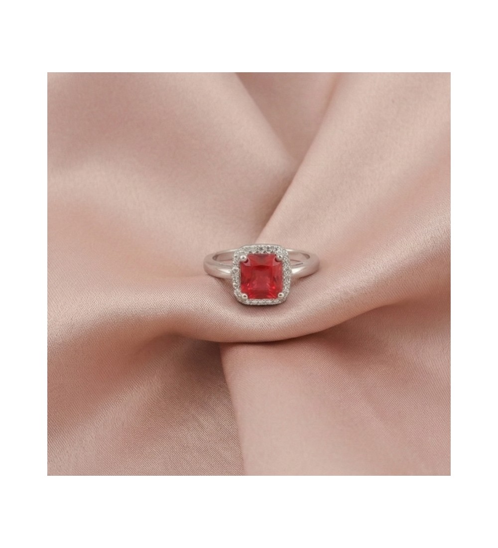 Silver Ruby Halo Ring – Cushion-Cut Red Stone with CZ Halo