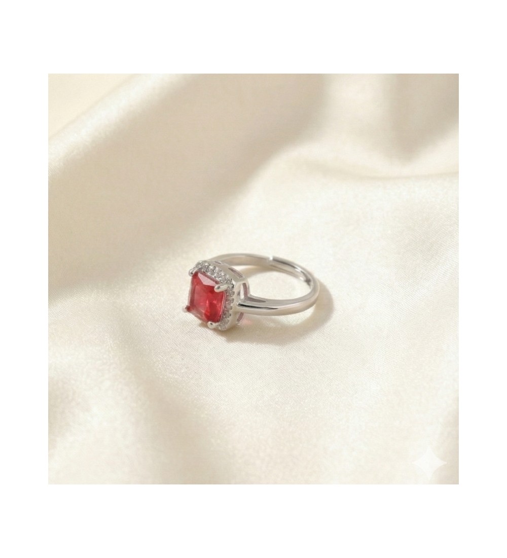 Silver Ruby Halo Ring – Cushion-Cut Red Stone with CZ Halo
