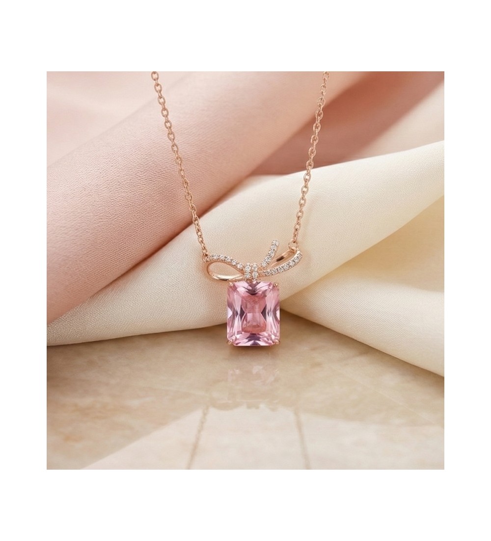 Blue Gemstone Bow Pendant Necklace – Rose Gold Finish