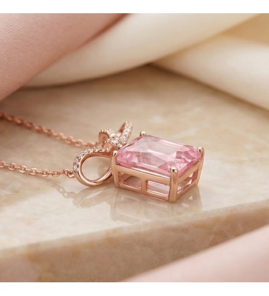 Blue Gemstone Bow Pendant Necklace – Rose Gold Finish