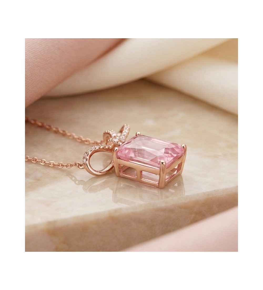 Blue Gemstone Bow Pendant Necklace – Rose Gold Finish