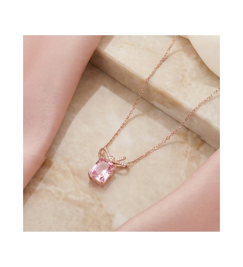 Blue Gemstone Bow Pendant Necklace – Rose Gold Finish