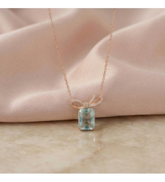 Blue Gemstone Bow Pendant Necklace – Rose Gold Finish