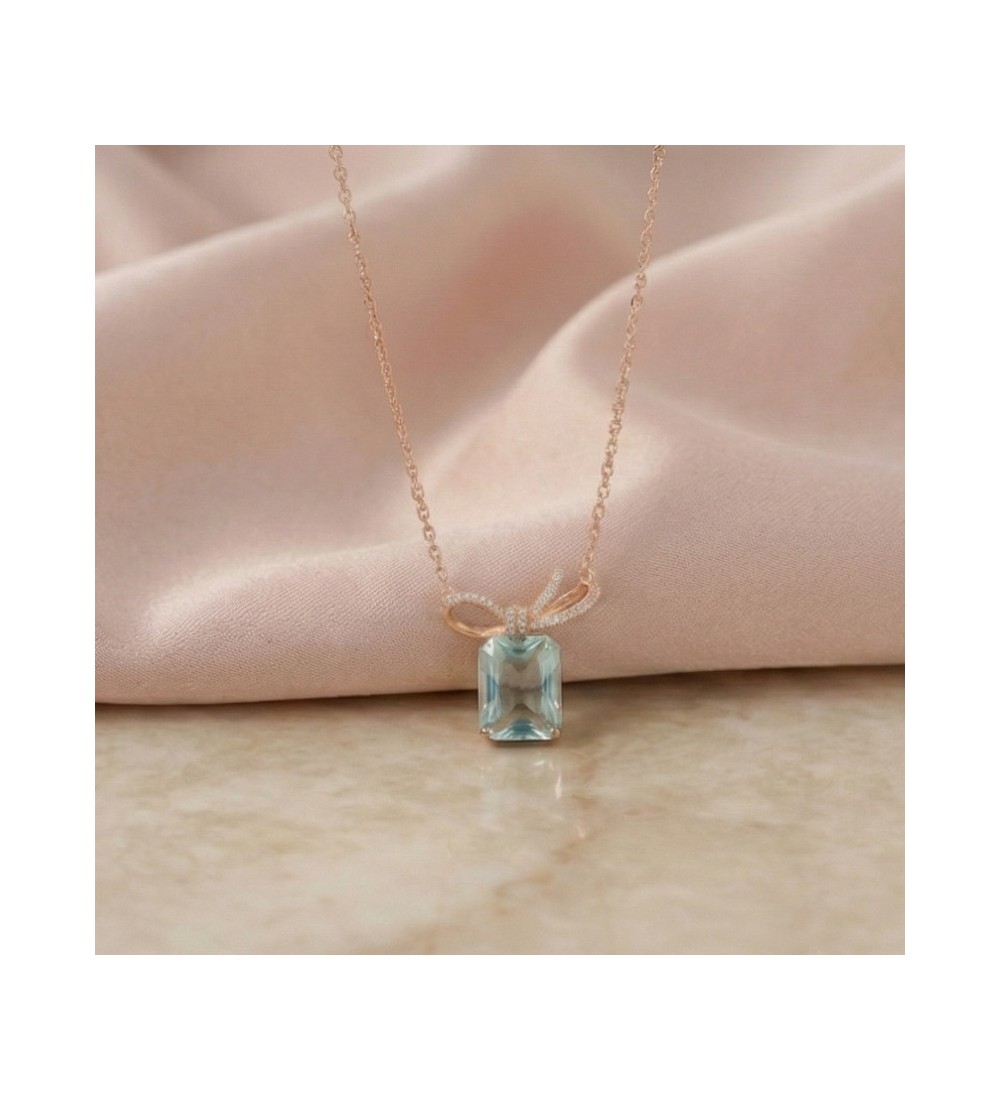 Blue Gemstone Bow Pendant Necklace – Rose Gold Finish