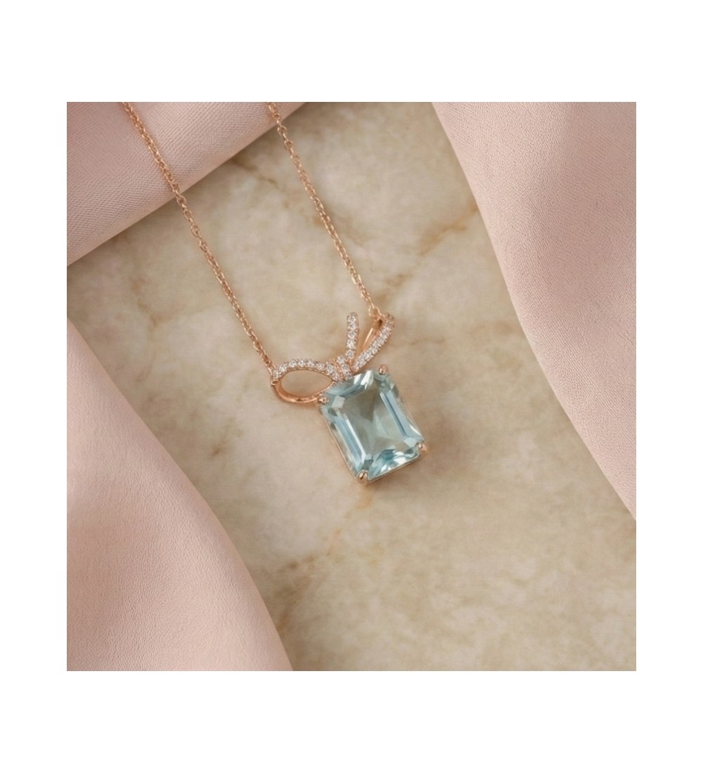 Blue Gemstone Bow Pendant Necklace – Rose Gold Finish