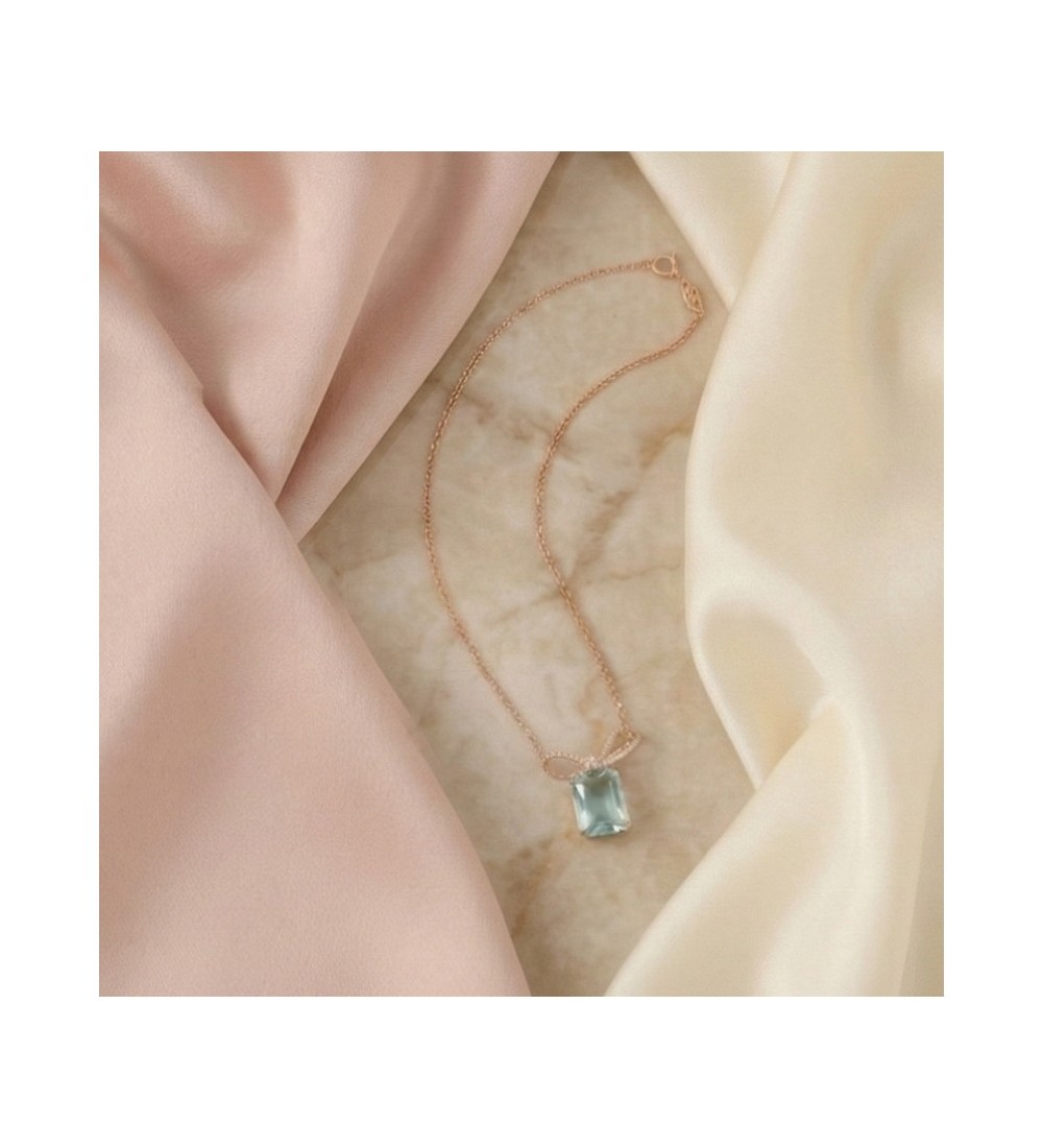 Blue Gemstone Bow Pendant Necklace – Rose Gold Finish