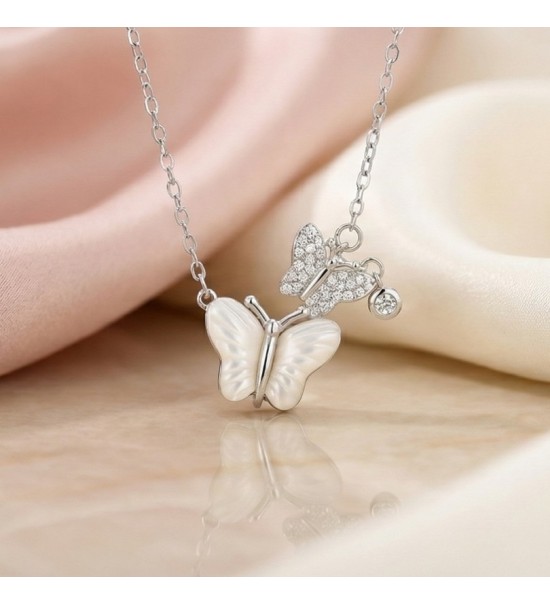 Dual Butterfly Pendant Necklace – Silver Finish