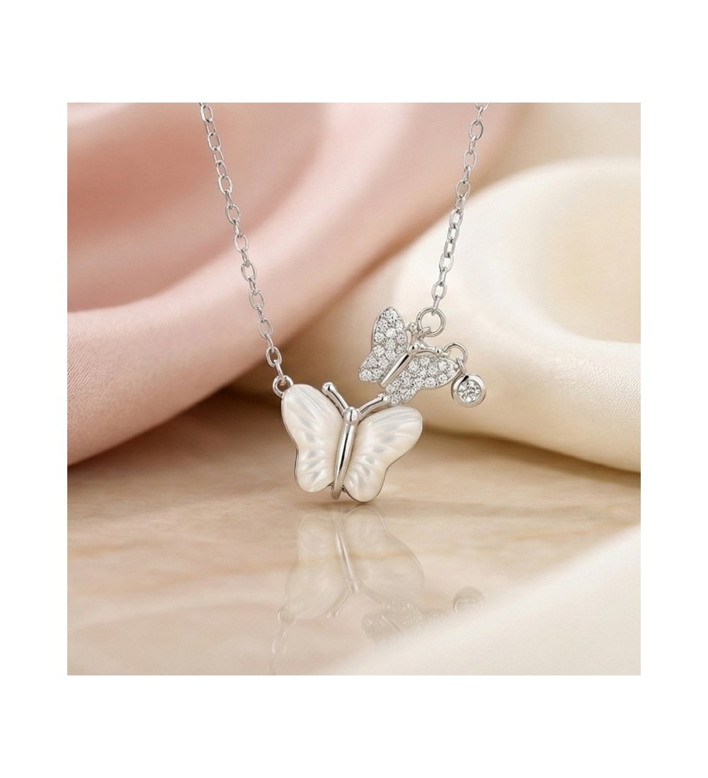Dual Butterfly Pendant Necklace – Silver Finish