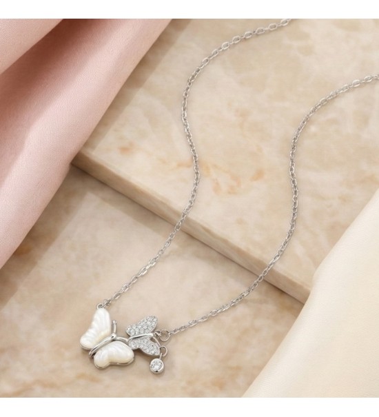 Dual Butterfly Pendant Necklace – Silver Finish