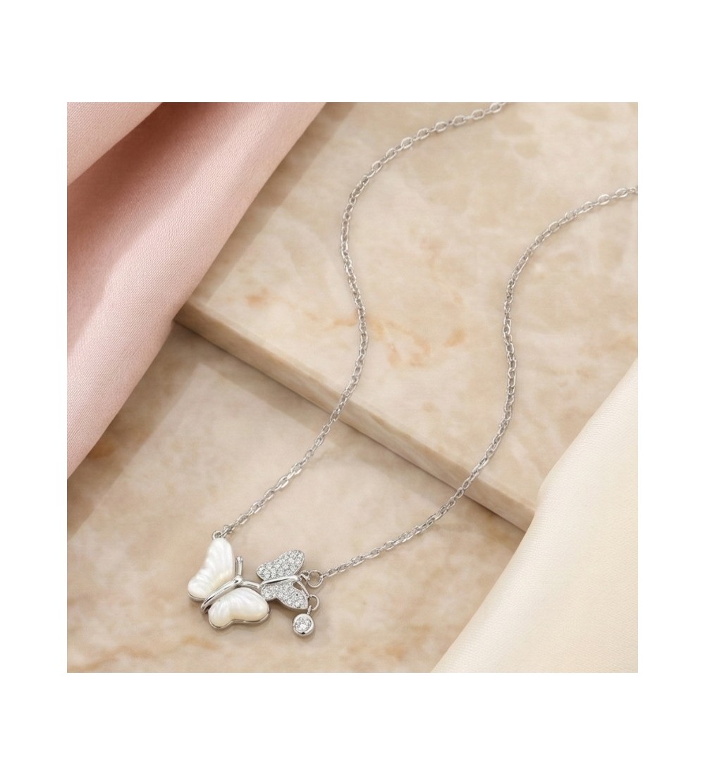 Dual Butterfly Pendant Necklace – Silver Finish