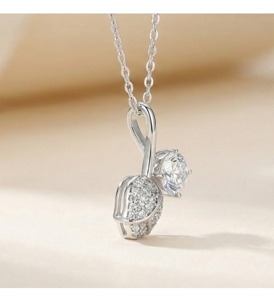 Leaf & Crystal Pendant Necklace – Silver Finish