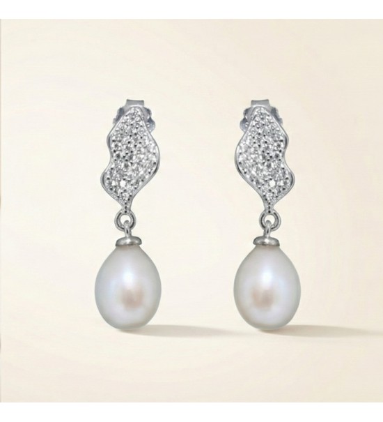 Wave Pearl Drop Earrings – Silver