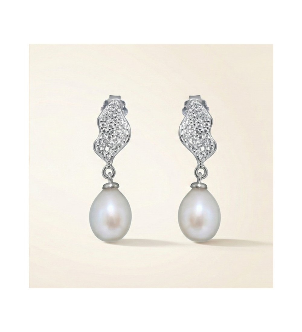 Wave Pearl Drop Earrings – Silver