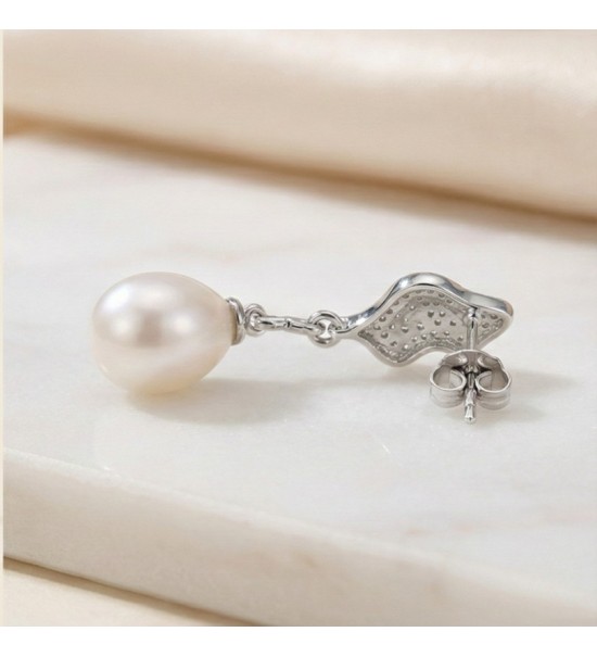 Wave Pearl Drop Earrings – Silver