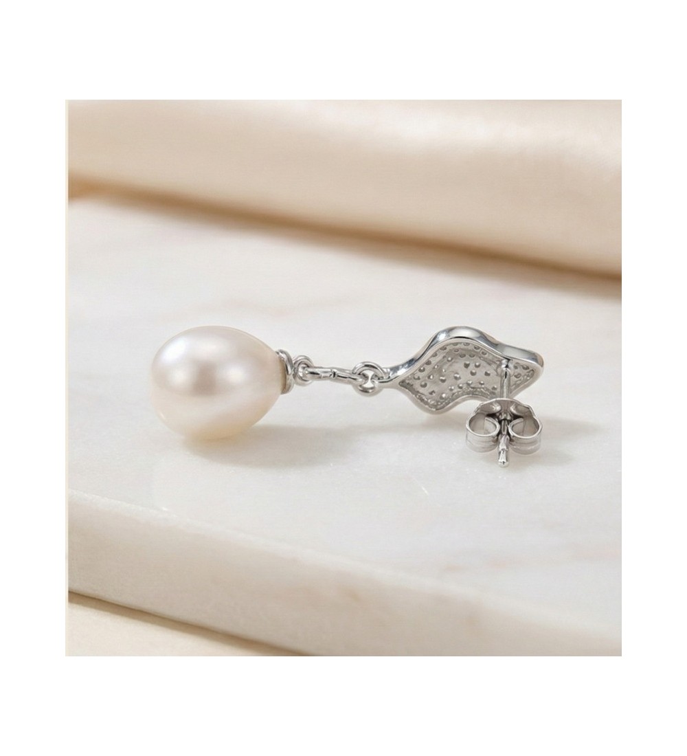 Wave Pearl Drop Earrings – Silver