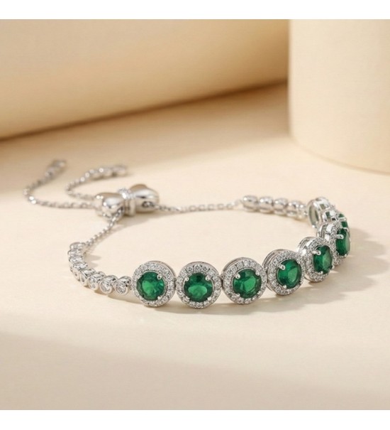 Emerald Elegance Bracelet – Silver Adjustable Halo Chain with Green Stones