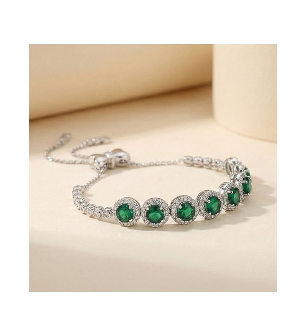 Emerald Elegance Bracelet – Silver Adjustable Halo Chain with Green Stones