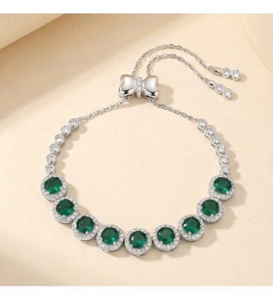 Emerald Elegance Bracelet – Silver Adjustable Halo Chain with Green Stones