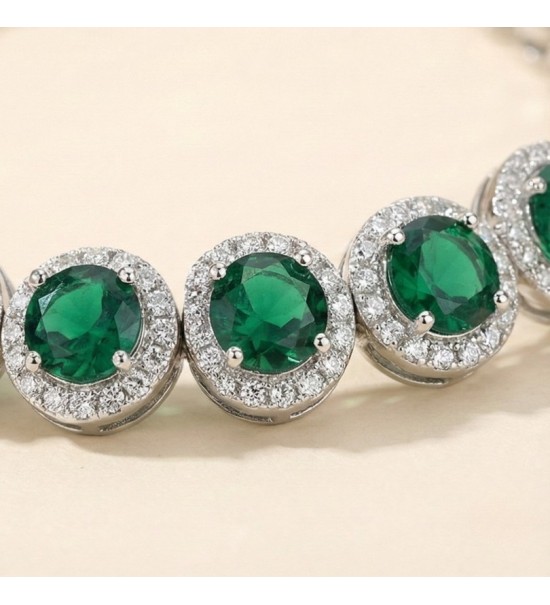 Emerald Elegance Bracelet – Silver Adjustable Halo Chain with Green Stones