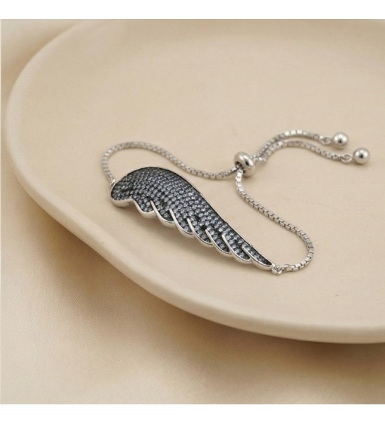 Guardian Wing Bracelet – Silver Adjustable Chain with Black Stone Accents