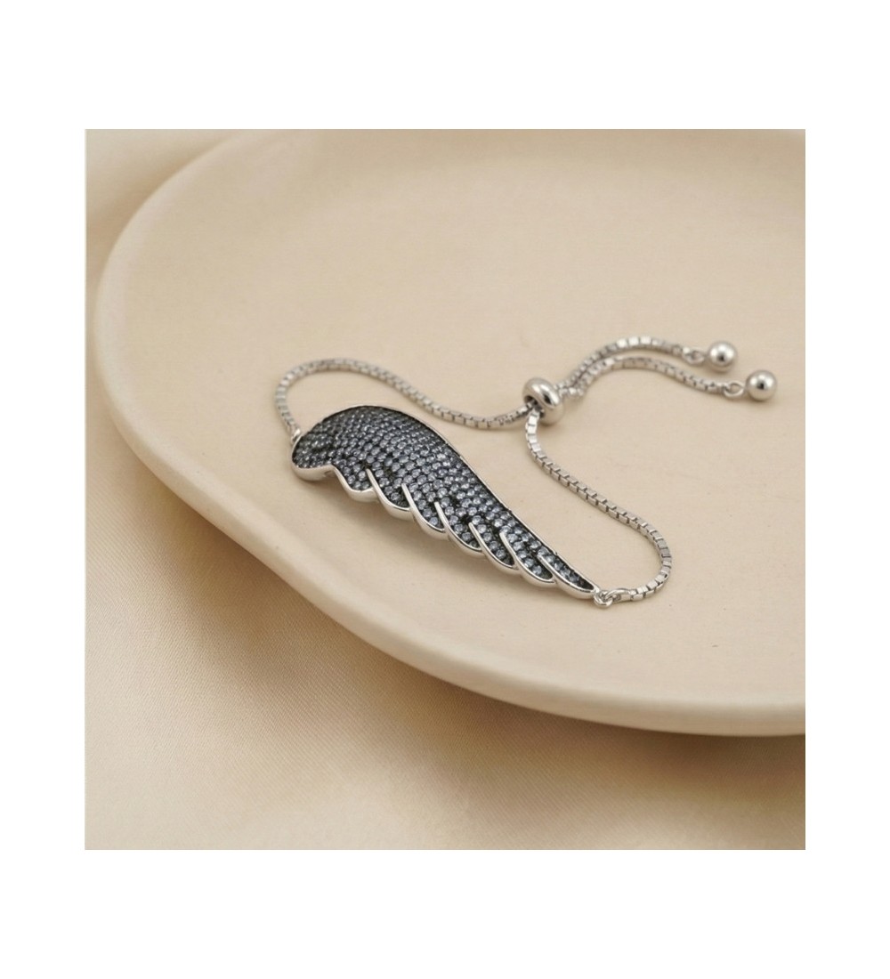 Guardian Wing Bracelet – Silver Adjustable Chain with Black Stone Accents