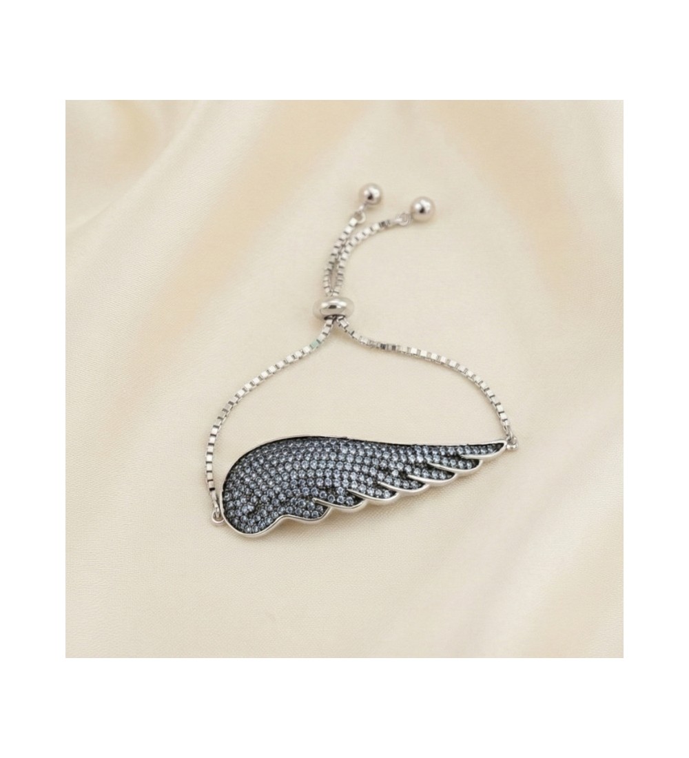 Guardian Wing Bracelet – Silver Adjustable Chain with Black Stone Accents