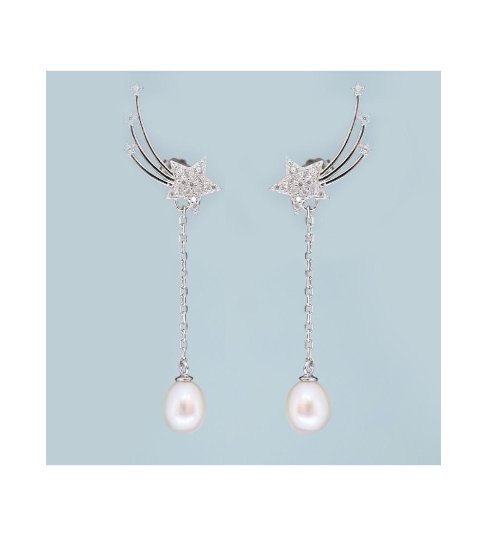 Shooting Star Pearl Drop Earrings – Elegant Zirconia & Pearl Dangle