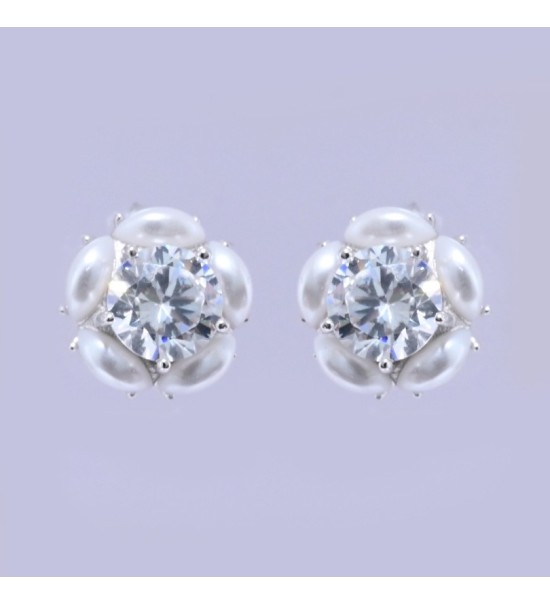 Silver & Rose Gold Pearl Halo Earrings – Elegant Zirconia and Pearl Studs