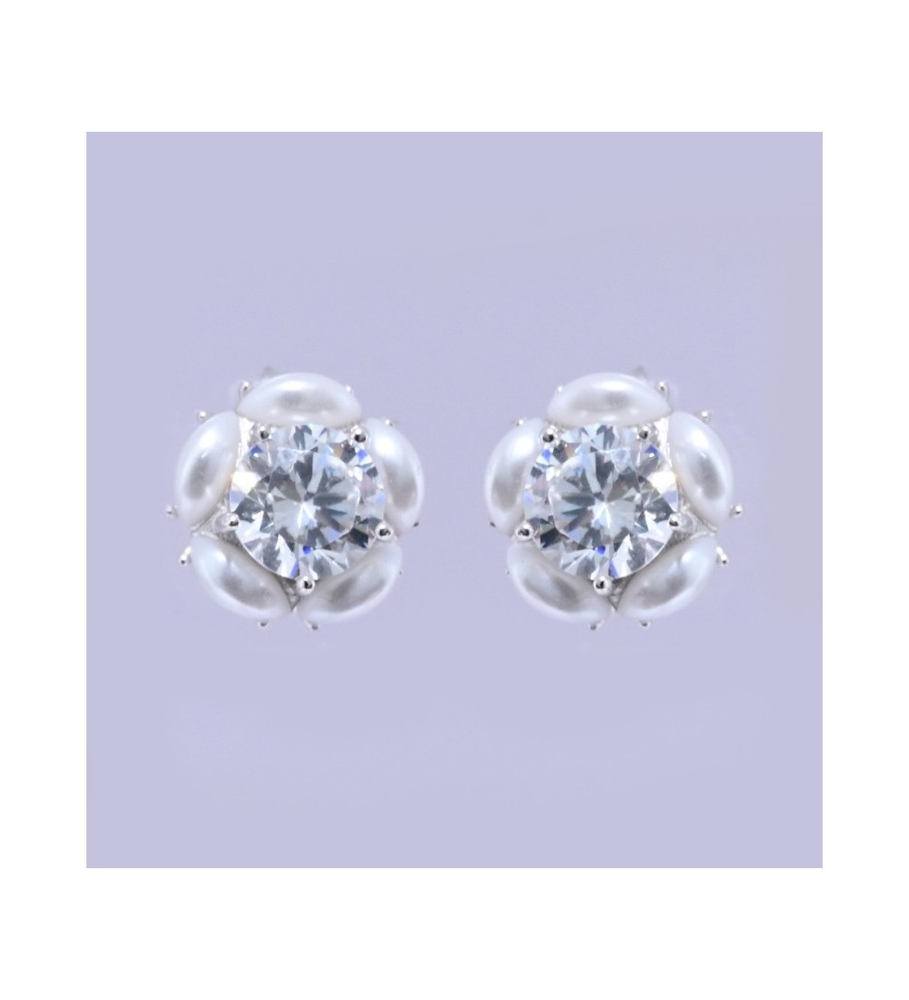 Silver & Rose Gold Pearl Halo Earrings – Elegant Zirconia and Pearl Studs