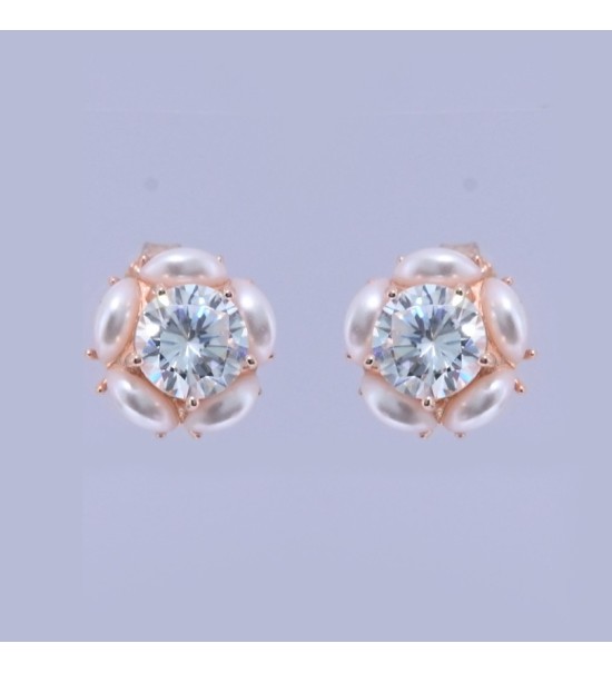 Silver & Rose Gold Pearl Halo Earrings – Elegant Zirconia and Pearl Studs