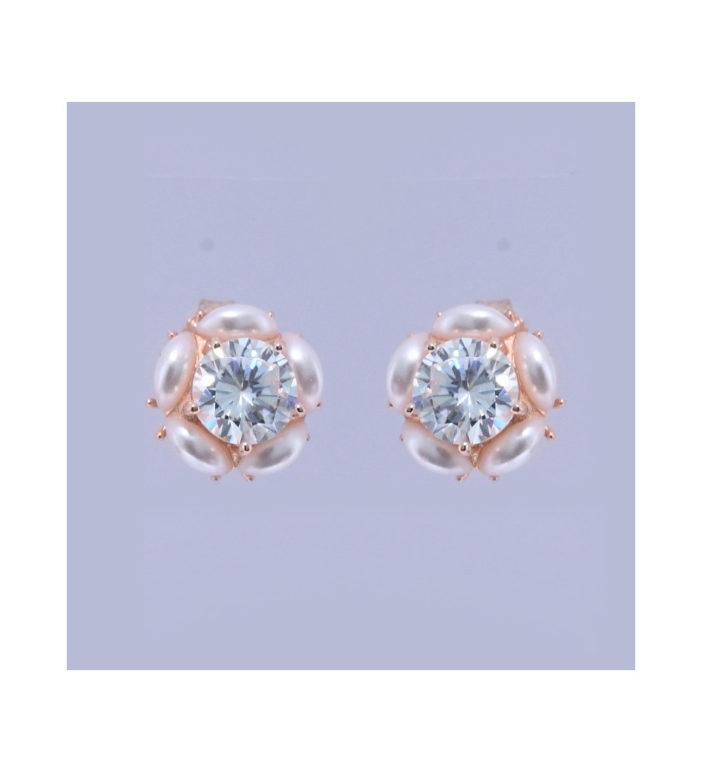Silver & Rose Gold Pearl Halo Earrings – Elegant Zirconia and Pearl Studs