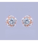 Silver & Rose Gold Pearl Halo Earrings – Elegant Zirconia and Pearl Studs