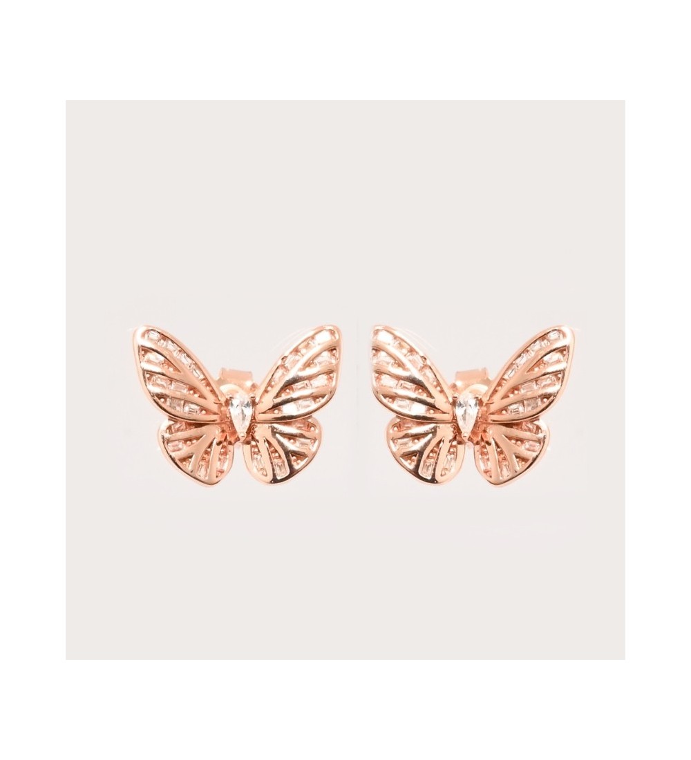 Rose Gold Butterfly Stud Earrings – Elegant Wings with Sparkling Accent