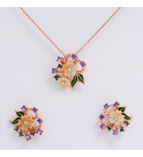 MOP Mojito Pendant Set – Necklace & Earrings Combo | Rose Gold Floral Jewelry