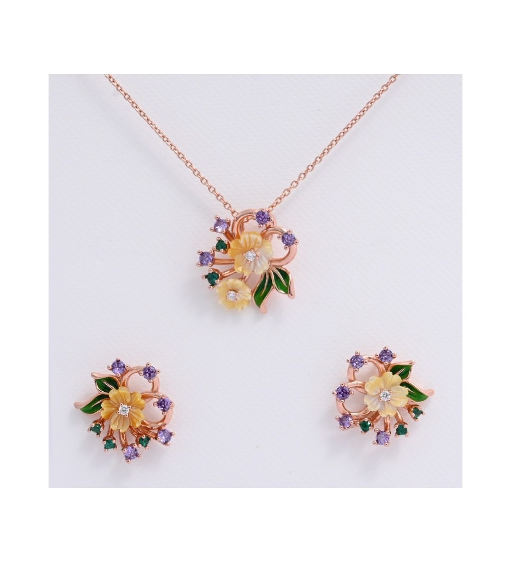 MOP Mojito Pendant Set – Necklace & Earrings Combo | Rose Gold Floral Jewelry