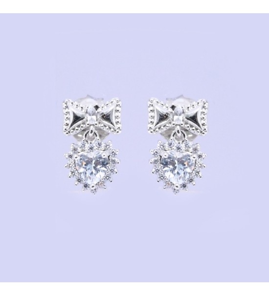 Silver Heart Bow Earrings – Elegant Heart Zirconia Studs for Women