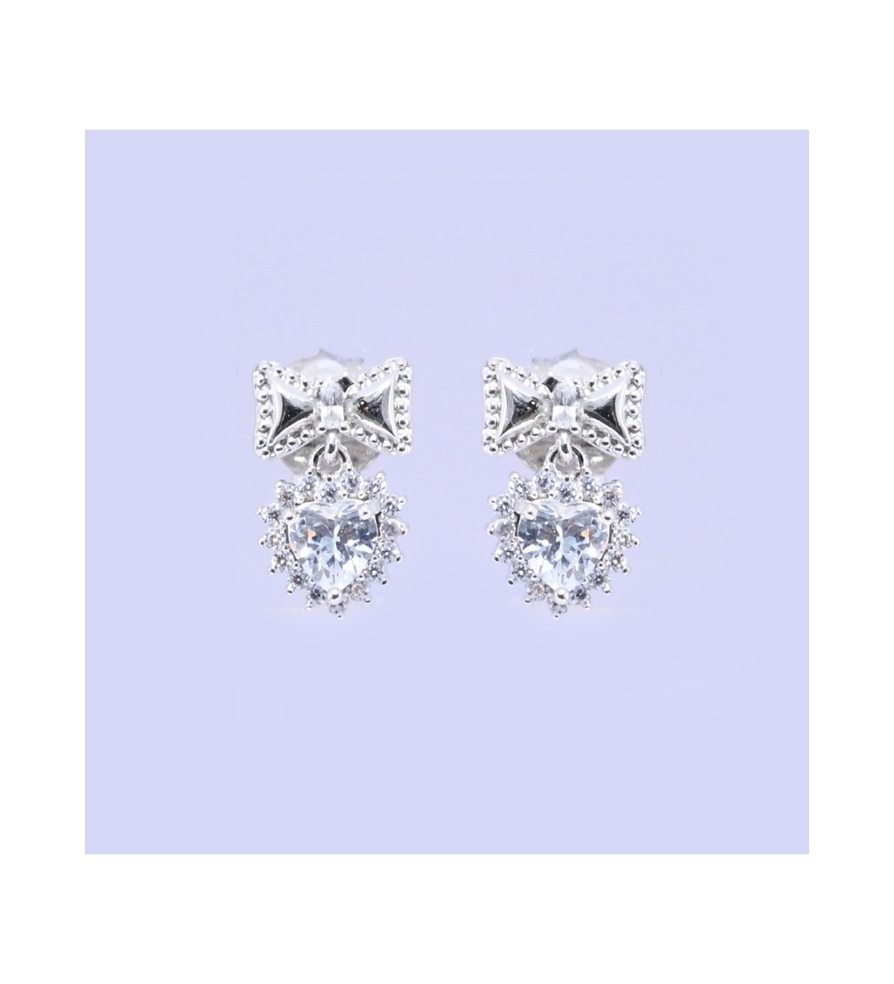Silver Heart Bow Earrings – Elegant Heart Zirconia Studs for Women