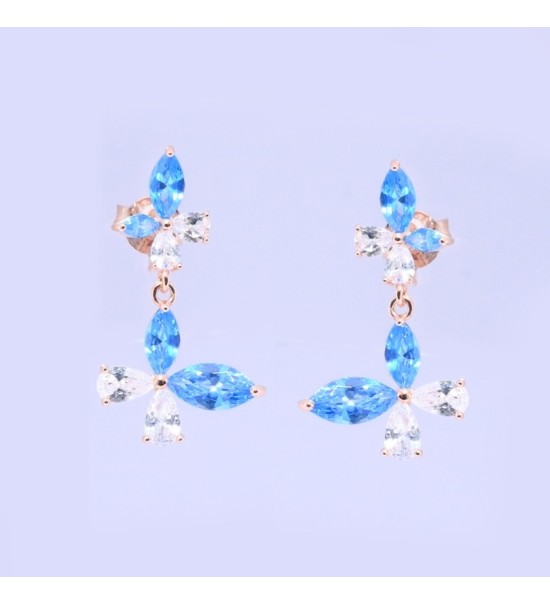 Blue Blossom Drop Earrings – Silver & Rose Gold | Blue Gemstone Floral Drop Earrings