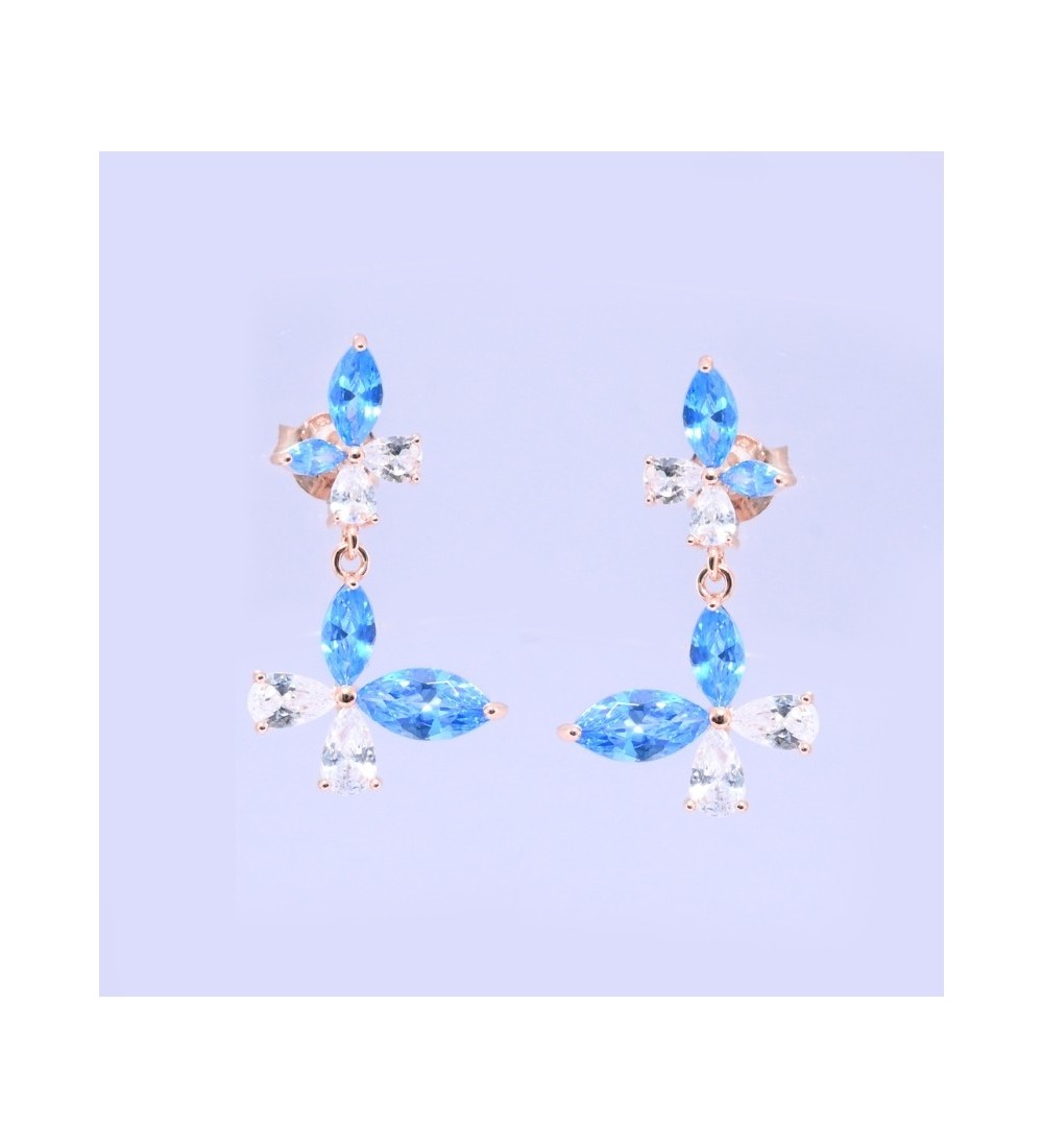Blue Blossom Drop Earrings – Silver & Rose Gold | Blue Gemstone Floral Drop Earrings