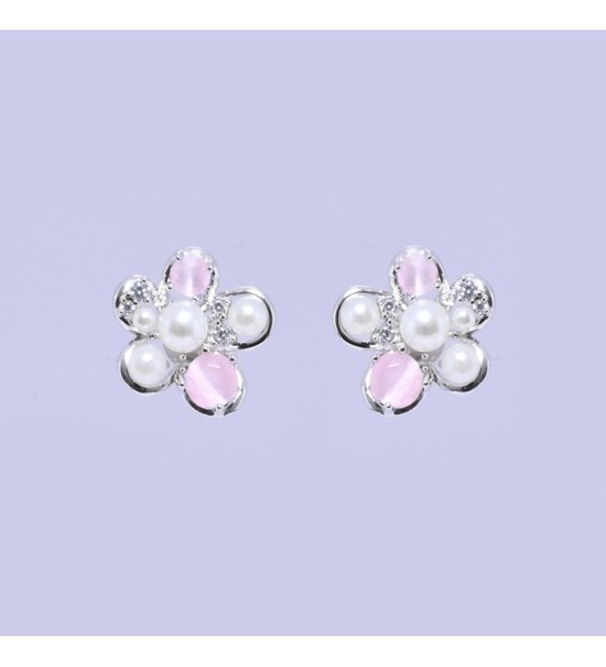 Blush Pearl Blossom Earrings – Silver & Rose Gold Variants | Pearl & Pink Gemstone Floral Studs