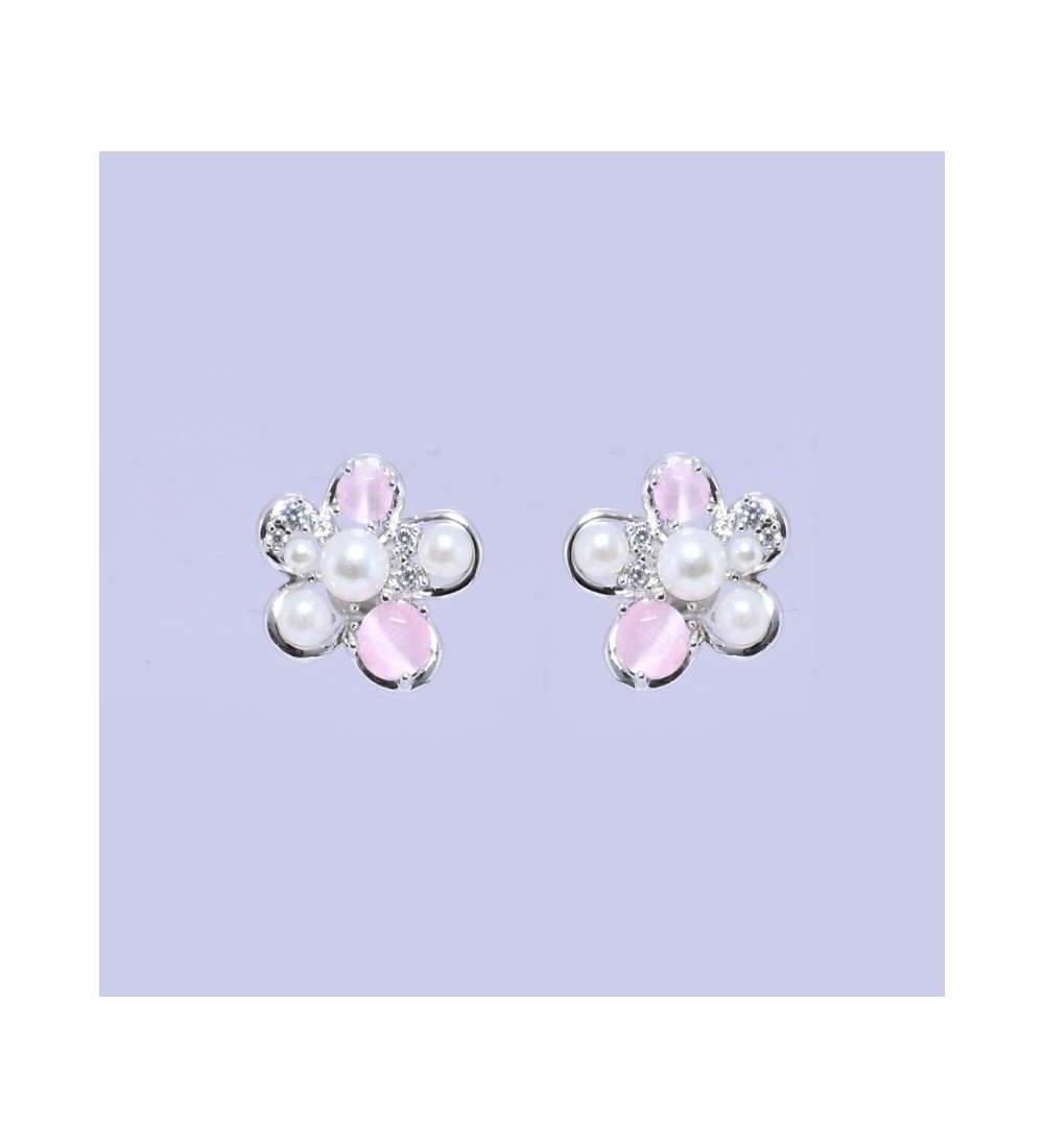Blush Pearl Blossom Earrings – Silver & Rose Gold Variants | Pearl & Pink Gemstone Floral Studs