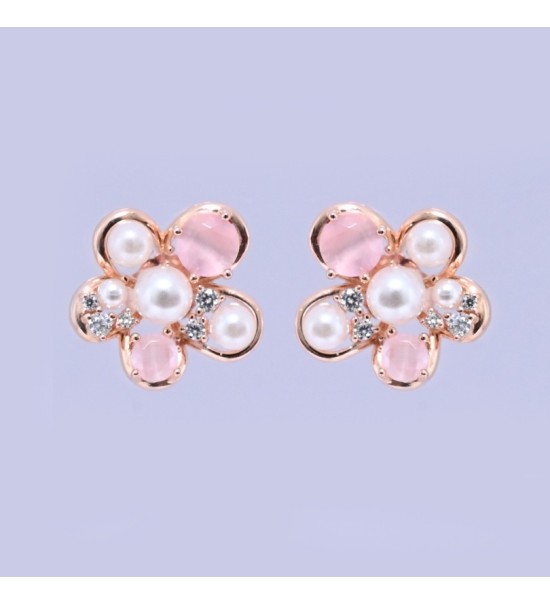 Blush Pearl Blossom Earrings – Silver & Rose Gold Variants | Pearl & Pink Gemstone Floral Studs