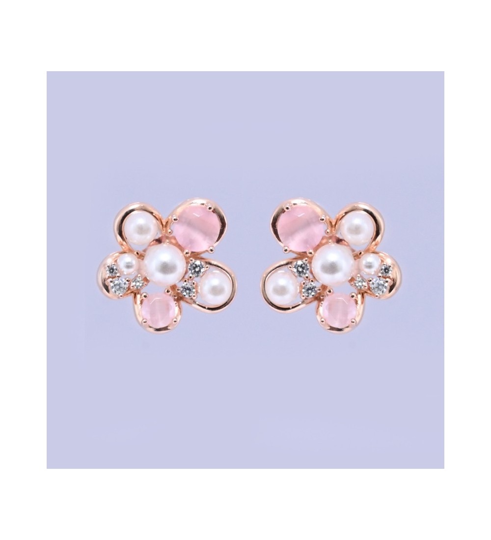 Blush Pearl Blossom Earrings – Silver & Rose Gold Variants | Pearl & Pink Gemstone Floral Studs