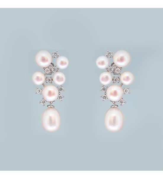 Celestial Cluster Pearl Drop Earrings – Silver
