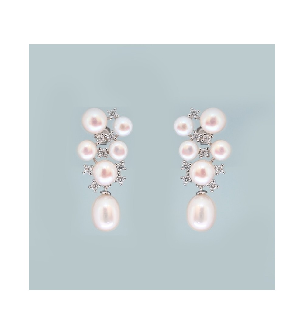Celestial Cluster Pearl Drop Earrings – Silver