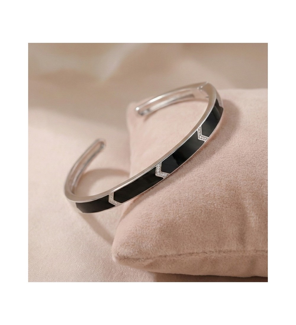 Chic Enigma Bangle – Rose Gold with White Stone Inlay / Silver with Black Stone