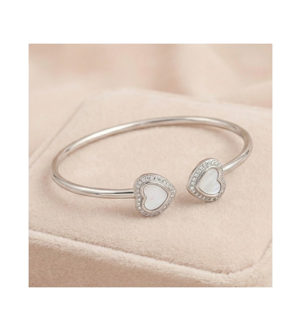 Eternal Hearts Bangle – Silver Open Cuff with Double Heart Accents